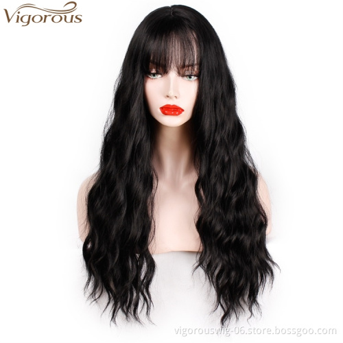 Vigorous Long Wavy Wigs with Bangs Middle Part Body Wave Synthetic Wig Heat Resistant Fiber Wigs for African American Women